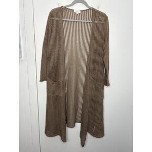 Lularoe Top Womens Medium Open Knit Taupe Beachy Long Duster Pockets Light Boho